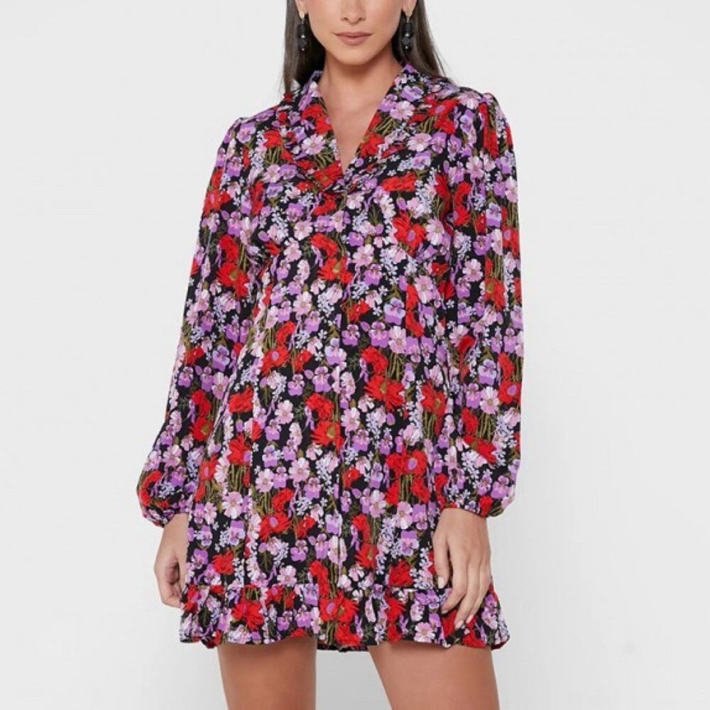Girls On Film Floral Shirt Dress Size 6 Ruffle Detail Mini A-Line Long Sleeve